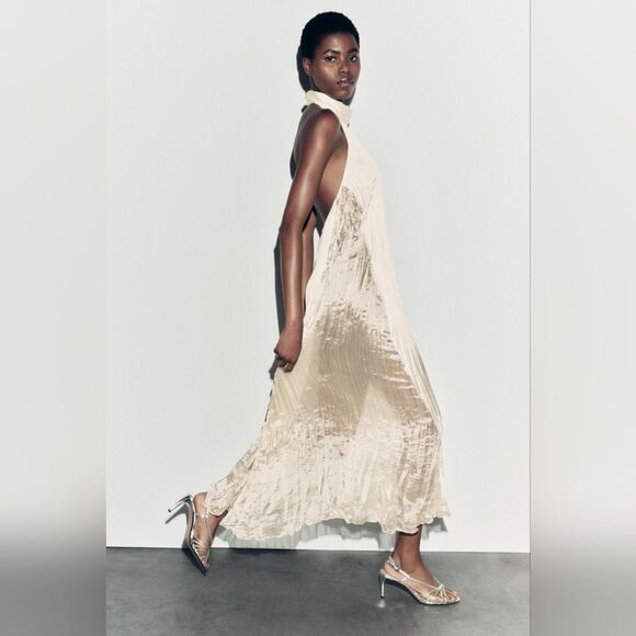 NWT ZARA LONG PLEATED DRESS Light Beige Satim - Picture 4 of 16